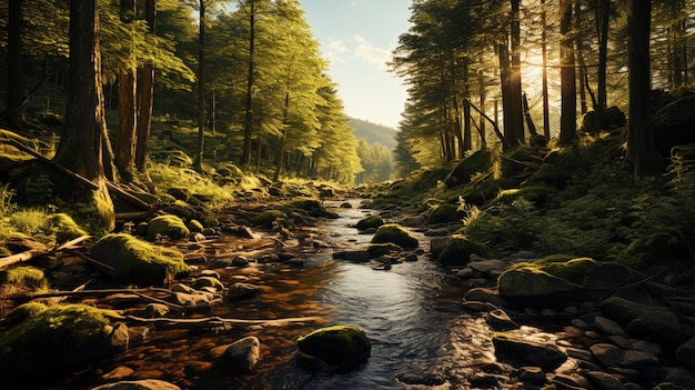 Flusso verde della foresta e della foresta al tramonto