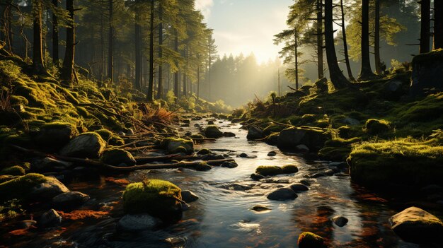 Flusso verde della foresta e della foresta al tramonto