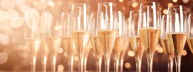 Flute di champagne con spumante su sfondo di luci bokeh dorate Colore pesca dell'anno 2024