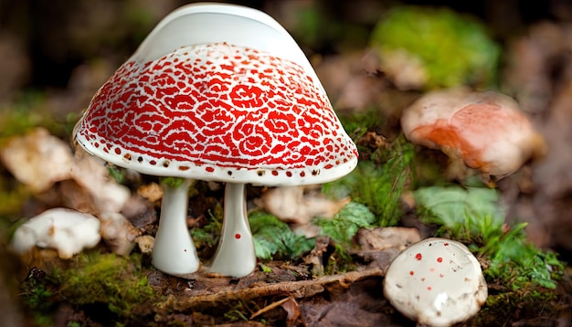 Fly Agaric fungo velenoso rosso e bianco o sfondo fungo nella foresta