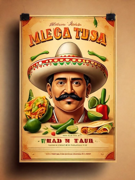 Flyer pubblicitario di cibo messicano brochure promo banner poster della cucina nazionale con i colori della bandiera e taco nachos e altri stile piatto cartone animato