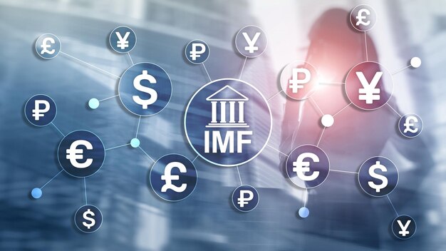 FMI Fondo monetario internazionale organizzazione bancaria globale Concetto di business su sfondo sfocato