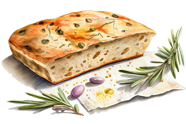 Focaccia pane italiano isolato su sfondo bianco Ai acquerello illustrazione generativa