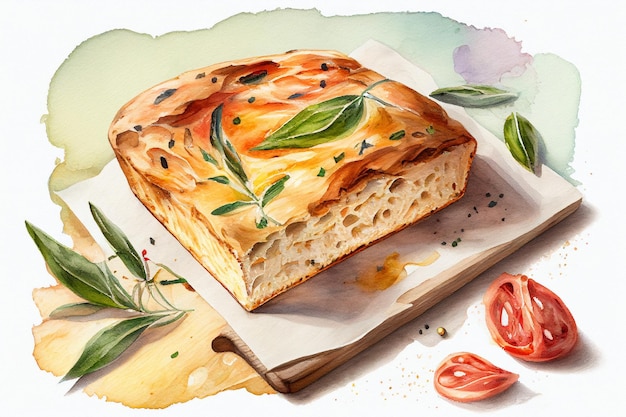 Focaccia pane italiano su sfondo bianco illustrazione ad acquerello