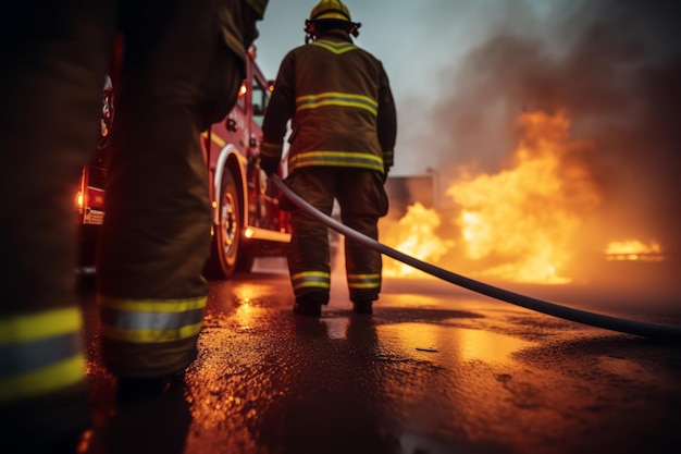 Focalizzazione selettiva Pompieri che combattono un fuoco ardente con le fiamme Creato con Generati