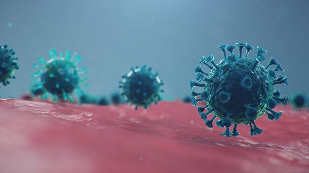 Focolaio di coronavirus, virus influenzale e 2019-nCov. Concetto di pandemia, epidemia per le cellule umane. COVID-19 al microscopio, agente patogeno che colpisce il sistema respiratorio, illustrazione 3d