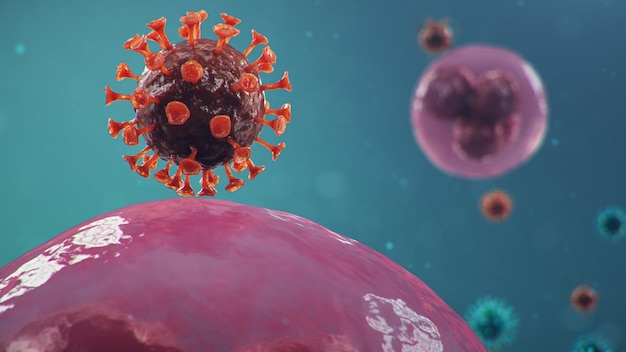 Focolaio di influenza cinese - chiamato Coronavirus o 2019-nCoV, che si è diffuso in tutto il mondo. Pericolo di pandemia, epidemia di umanità. Cellule umane, il virus infetta le cellule, illustrazione 3d