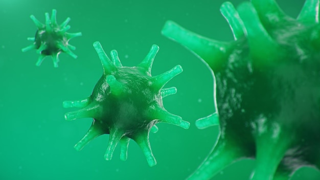 Focolaio di influenza cinese - chiamato Coronavirus o 2019-nCoV, che si è diffuso in tutto il mondo. Pericolo di pandemia, epidemia di umanità. Virus del primo piano al microscopio, illustrazione 3d