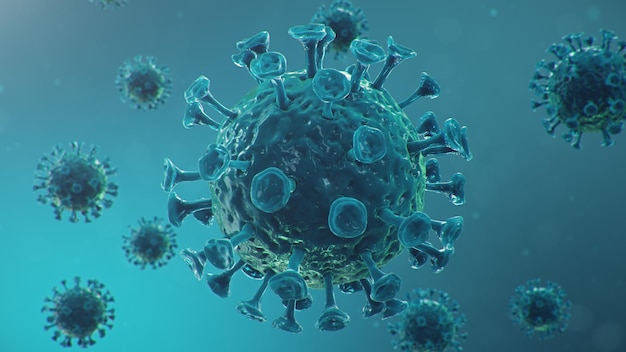 Focolaio di influenza cinese - chiamato Coronavirus o 2019-nCoV, che si è diffuso in tutto il mondo. Pericolo di pandemia, epidemia di umanità. Virus del primo piano al microscopio, illustrazione 3d