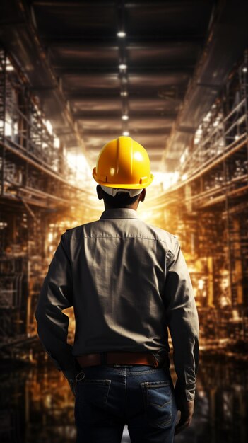 Focus costruzione Ingegnere con casco giallo sullo sfondo del cantiere Vertical Mobile Wallpaper