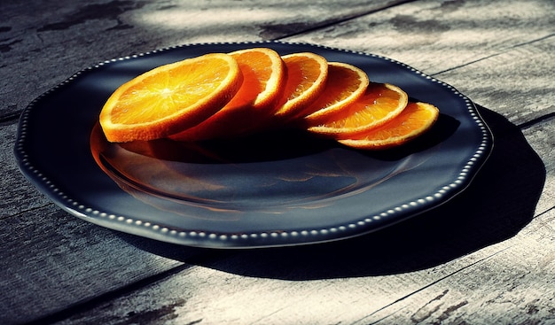 Focus principale Immagine di un piatto di frutta arancione affettata su uno sfondo di legno