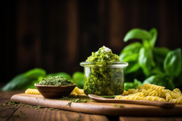 Focus ravvicinato sulla pasta di farro e sul pesto su uno sfondo di legno