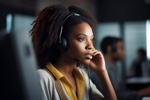 Focus selettivo dell'operatore di call center afroamericano in cuffia IA generativa