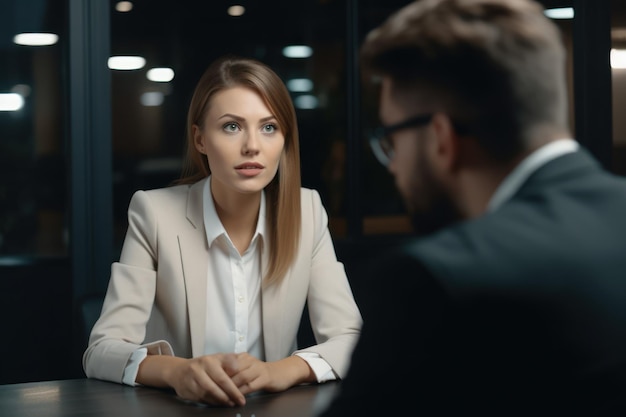 Focus selettivo della donna d'affari che guarda l'uomo d'affari durante l'intervista in ufficio IA generativa