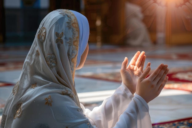 Focus selettivo sulle mani di donne musulmane che pregano nella moschea durante il Ramadan