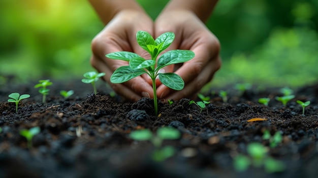 Focus sulla piantagione manuale di piantine in agricoltura sostenibile generativa AI