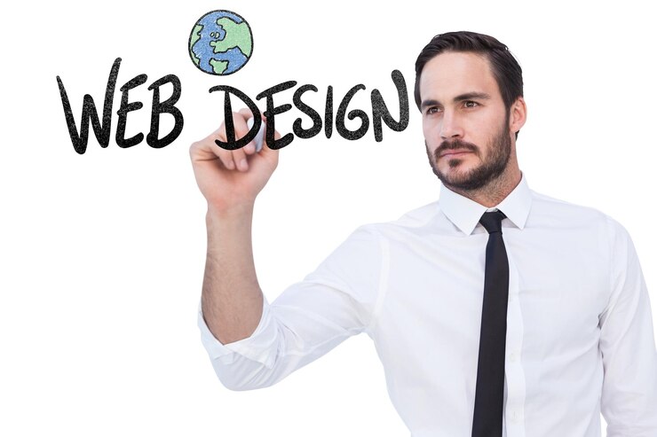 Photo focused businessman writing with marker against web design doodle