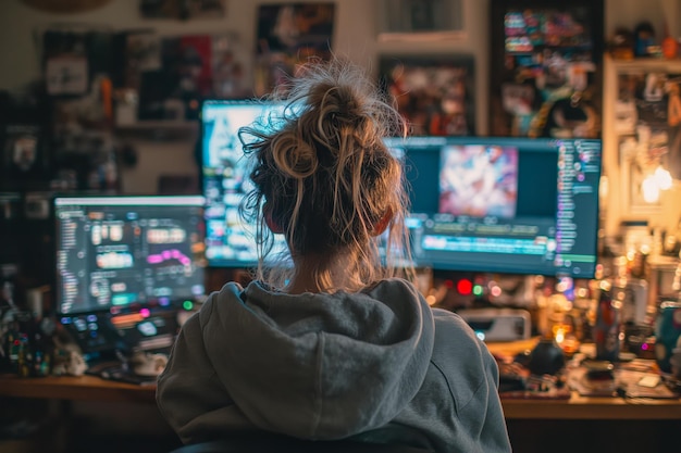 Focused on creativity in a dimly lit workspace a person sits at a computer surrounded by multiple screens displaying code graphs and editing tasks while deep in thought