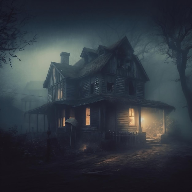 Foggy Halloween Night Old Creepy Haunted House Generative AI