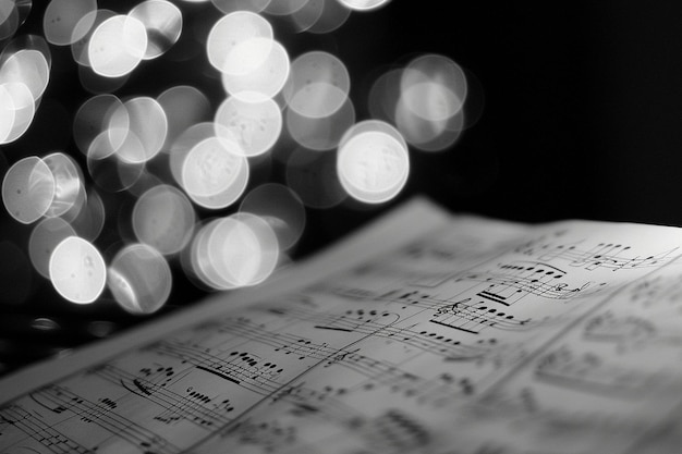 Fogli con note musicali e bokeh leggero astratto