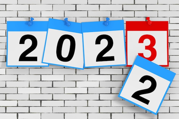 Fogli del calendario del nuovo concetto di inizio anno 2023 con rendering 3d del segno del nuovo anno 2023