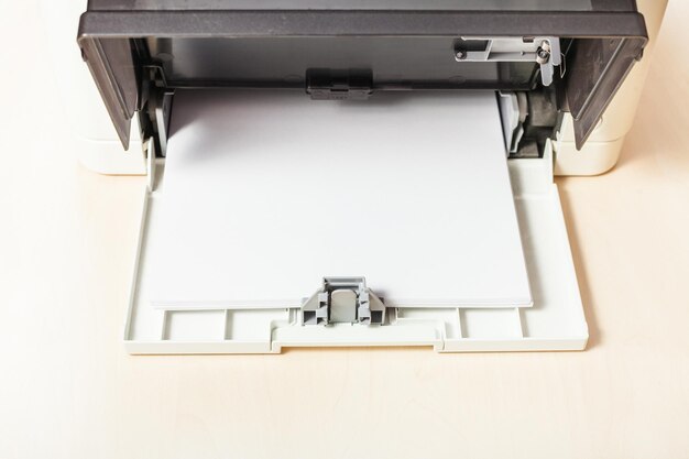 Fogli di carta bianca vuota nel vassoio della stampante