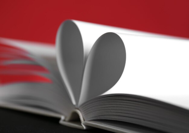 Fogli di libro curvati a forma di cuore su sfondo rosso sfocato