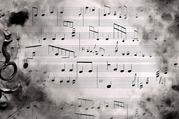 Fogli di note musicali su sfondo grigio con spazio di copia