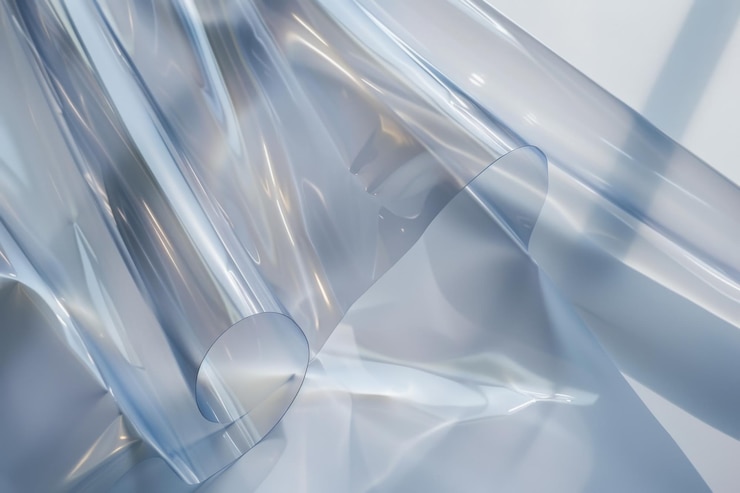 Foto fogli di plastica semitransparenti contorti che riflettono la luce morbida creando una composizione astratta e fluida con un tocco artistico contemporaneo