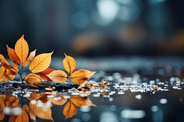 Foglia d'acero autunnale con gocce d'acqua sul terreno bagnato Sfondio autunnale