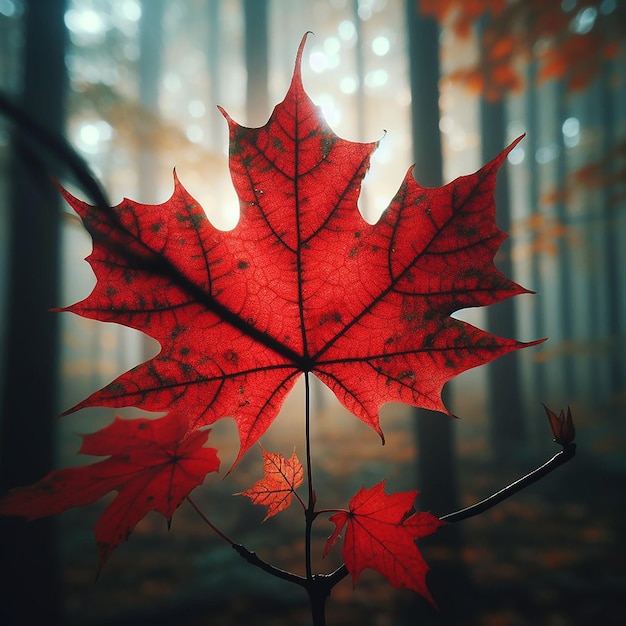 Foglia d'acero rossa si stacca tra il fogliame verde giallo sfondo della foresta autunno nature shot