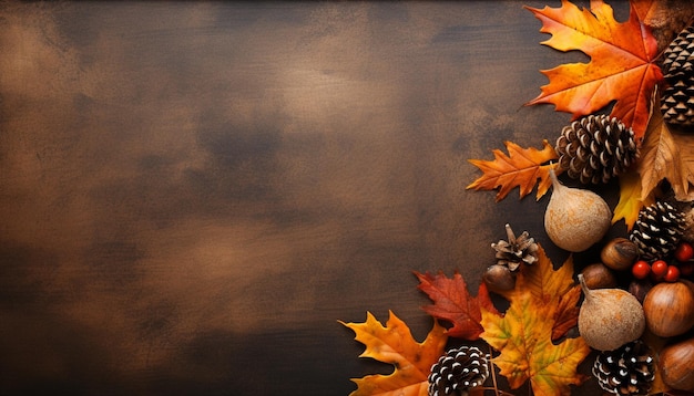Foglia d'autunno su legno decorazione naturale zucca gialla su tavola generata da IA