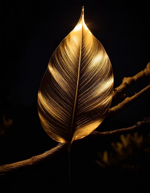 foglia d'oro tropicale e ramo su uno sfondo nero scuro
