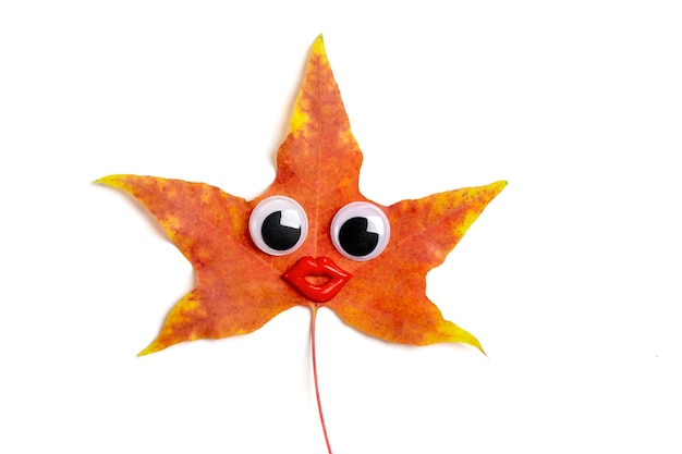 Foglia di acero di colore arancione, giallo, rosso di autunno con gli occhi e le labbra googly divertenti isolati su bianco
