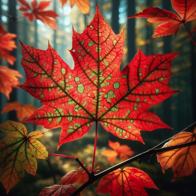 Foglia di acero rossa si stacca tra il fogliame verde e giallo della foresta sullo sfondo della natura autunnale