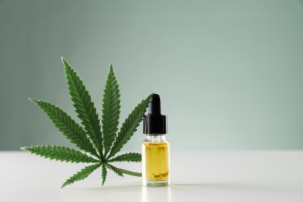 Foglia di canapa sativa di cannabis legalizzata e contenitore di olio di CBD con coperchio contagocce