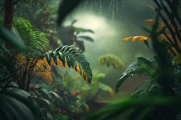 Foglia di giungla verde sotto la pioggia natura sfondo illustrazione IA generativa