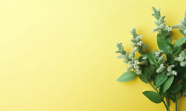 Foglia di menta fresca di prato ramoscello su uno sfondo giallo pastello con spazio di copia vuoto concetto di erba botanica pianeggiante creato con strumenti generativi di IA