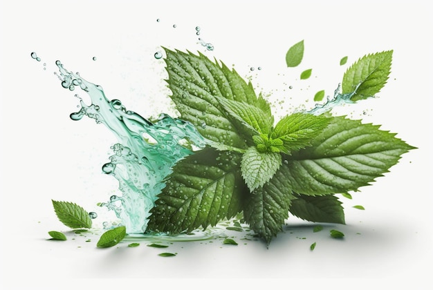 Foglia di menta verde con spruzzi d'acqua isolati su sfondo bianco ai generativa