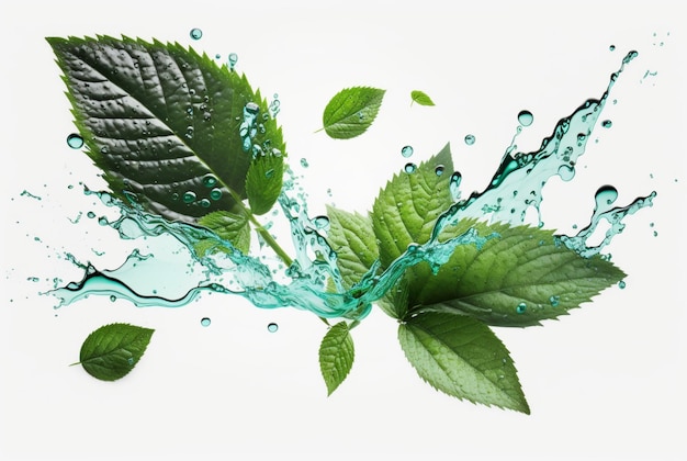 Foglia di menta verde con spruzzi d'acqua isolati su sfondo bianco ai generativa