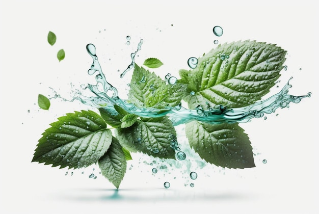 Foglia di menta verde con spruzzi d'acqua isolati su sfondo bianco ai generativa