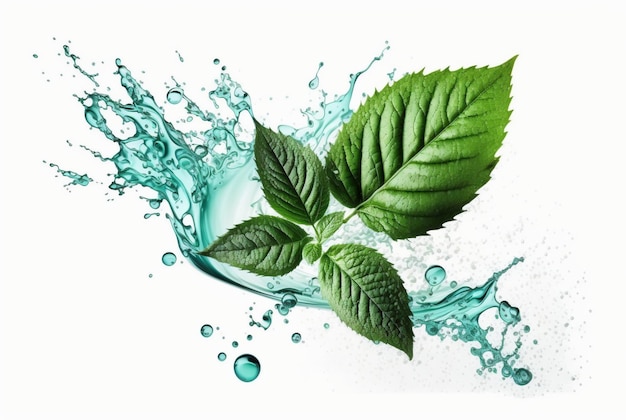 Foglia di menta verde con spruzzi d'acqua isolati su sfondo bianco ai generativa