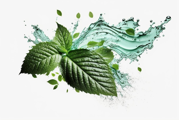 Foglia di menta verde con spruzzi d'acqua isolati su sfondo bianco ai generativa