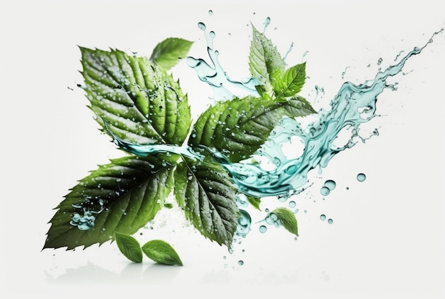 Foglia di menta verde con spruzzi d'acqua isolati su sfondo bianco ai generativa