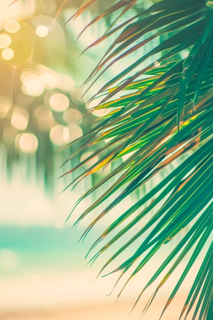 foglia di palma verde su una spiaggia tropicale con sfondo astratto dell'onda luminosa del sole bokeh