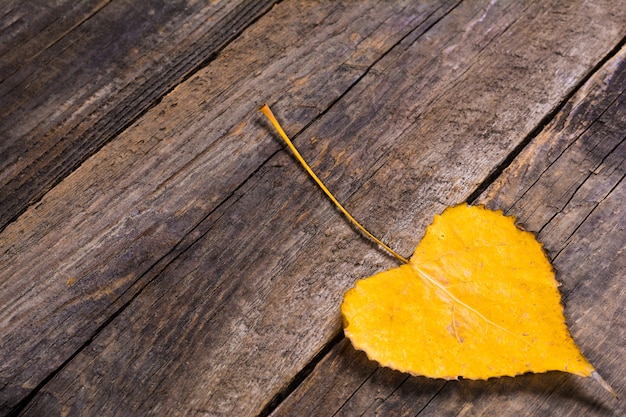 Foglia gialla autunnale a forma di cuore sullo sfondo di legno