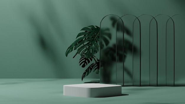 Foglia naturale 3D e sfondo verde con mockup o piedistallo bianco sul podio, piattaforma vuota per vetrina