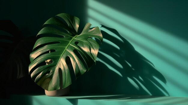 Foglia tropicale estiva con ombra su una parete verde visualizzazione del prodotto scena generativa ai