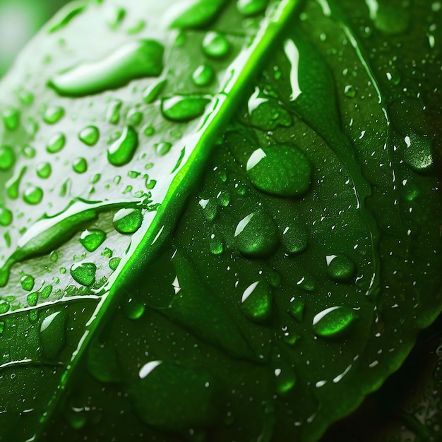 Foglia verde con gocce d'acqua su di esso con uno sfondo verde.