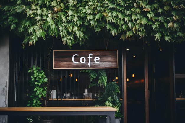 Foglia verde davanti al caffè sfondo sfocato